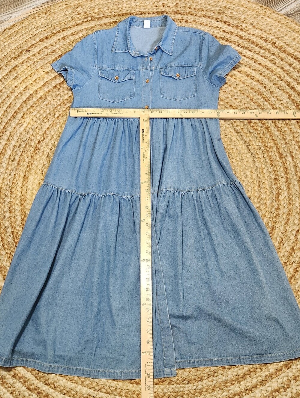 Cy Chambray Ruffle Tiered Midi Dress Women M Cottage Boho Lagenlook Short Sleeve - Picture 11 of 12
